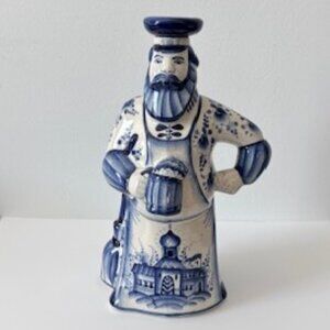 Gzhel Russian Porcelain Figurine of Man Holding Beer Stein - 9 Inches Tall